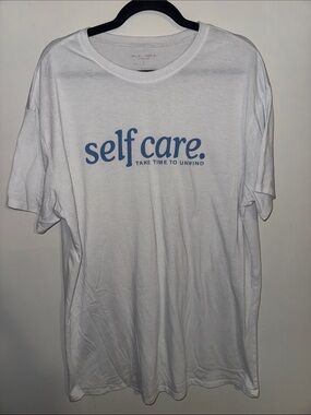 Target White Graphic Tee with Blue "self care." Print